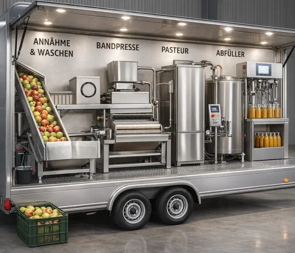 Mobile Mosterei – Annahme & Waschen, Bandpresse, Pasteur, Abfüller